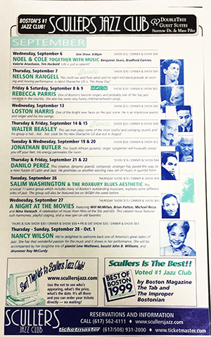 Scullers Jazz Club September 1999 Flyer