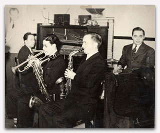 High school senior Emil Haddad with Jim Powers Sax and Al Gervais Piano At the Rockne Lounge Worcester Late 1930s