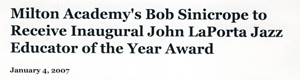 Milton Academy's Bob Sinicrope to Receive Inaugural John LaPorta Jazz Educator of the Year Award